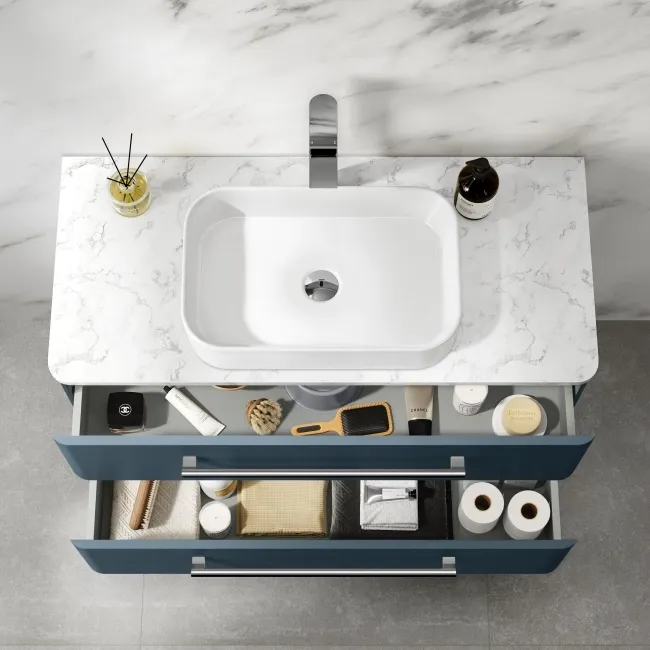 Omaha Navy Blue Wall Hung Drawer Vanity with Marble Top & Marin Basin 1000mm