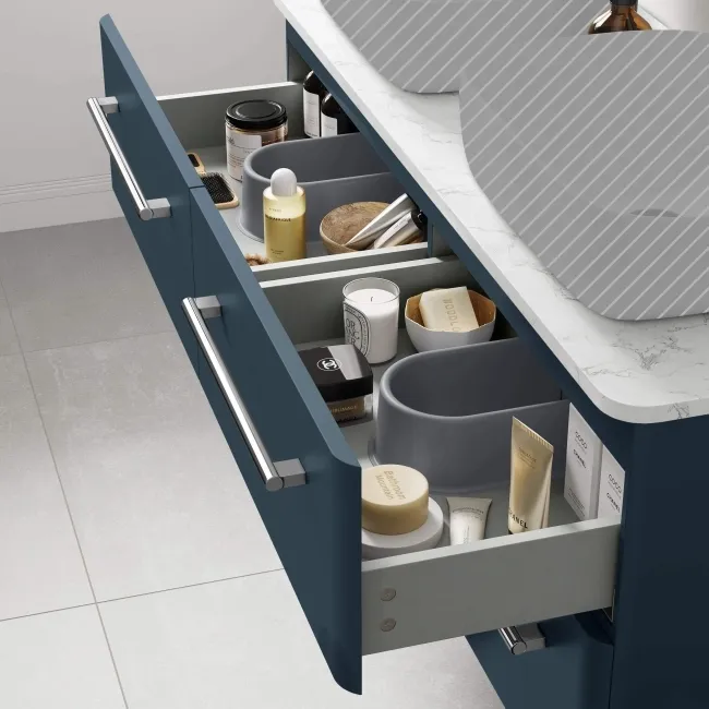 Omaha Navy Blue Wall Hung Drawer Vanity with Marble Top 1200mm - Excludes Counter Top Basin
