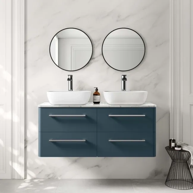Omaha Navy Blue Wall Hung Drawer Vanity with Marble Top & Curved Counter Top Basin 1200mm