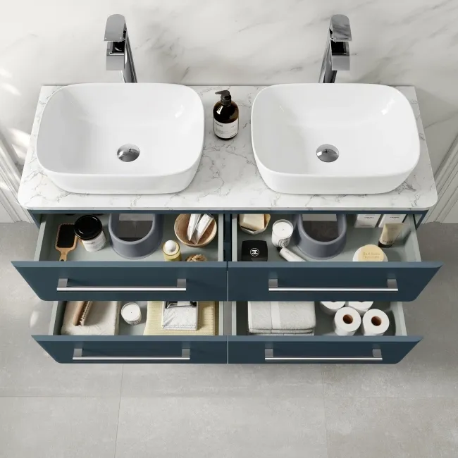 Omaha Navy Blue Wall Hung Drawer Vanity with Marble Top & Curved Counter Top Basin 1200mm