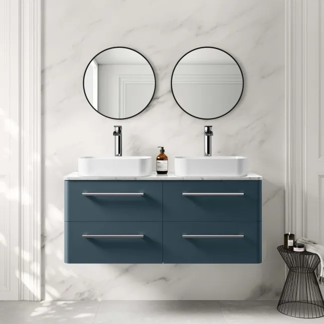 Omaha Navy Blue Wall Hung Drawer Vanity with Marble Top & Marin Basin 1200mm