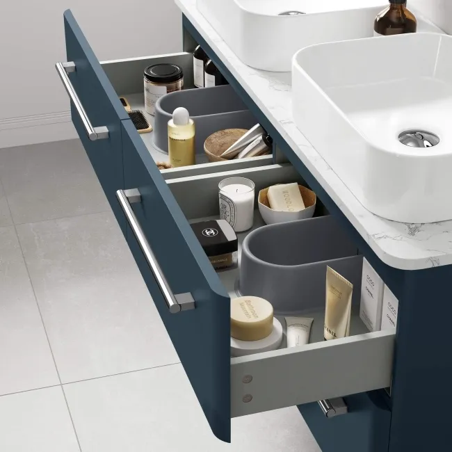 Omaha Navy Blue Wall Hung Drawer Vanity with Marble Top & Marin Basin 1200mm