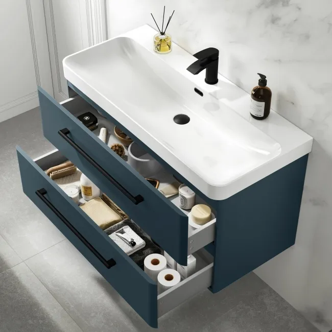 Omaha Navy Blue Wall Hung Basin Drawer Vanity 1000mm - Black Accents