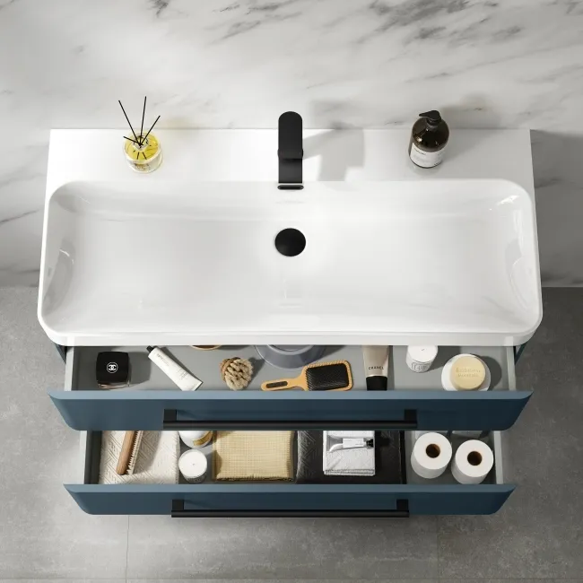 Omaha Navy Blue Wall Hung Basin Drawer Vanity 1000mm - Black Accents