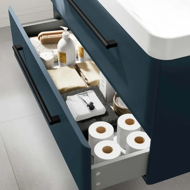 Omaha Navy Blue Wall Hung Basin Drawer Vanity 1000mm - Black Accents