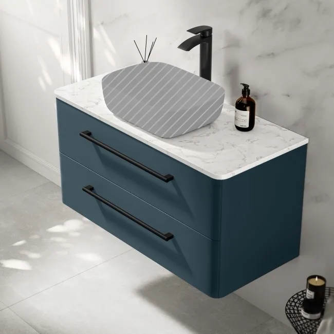 Omaha Navy Blue Wall Hung Drawer Vanity with Marble Top 1000mm (Excludes Counter Top Basin) - Black Accents