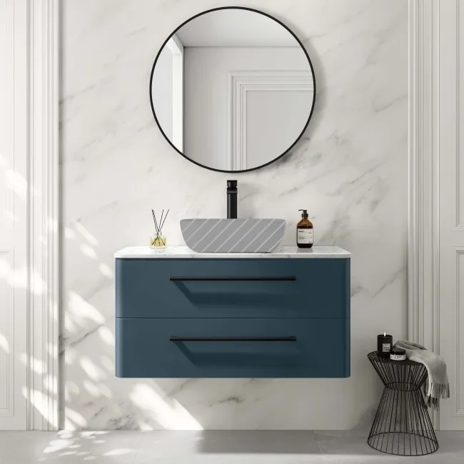 Omaha Navy Blue Wall Hung Drawer Vanity with Marble Top 1000mm (Excludes Counter Top Basin) - Black Accents