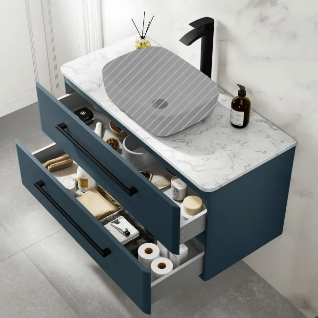 Omaha Navy Blue Wall Hung Drawer Vanity with Marble Top 1000mm (Excludes Counter Top Basin) - Black Accents
