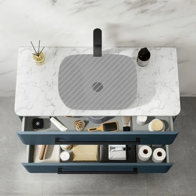Omaha Navy Blue Wall Hung Drawer Vanity with Marble Top 1000mm (Excludes Counter Top Basin) - Black Accents