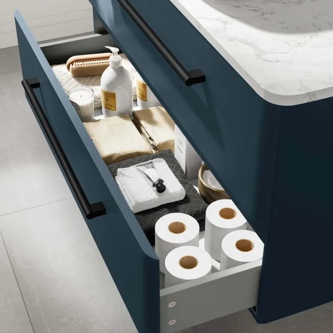 Omaha Navy Blue Wall Hung Drawer Vanity with Marble Top 1000mm (Excludes Counter Top Basin) - Black Accents
