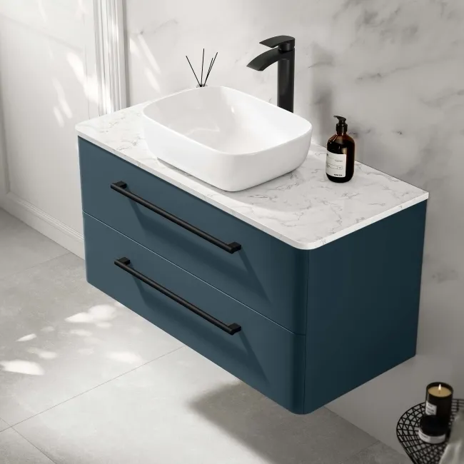 Omaha Navy Blue Wall Hung Drawer Vanity with Marble Top & Curved Counter Top Basin 1000mm - Black Accents