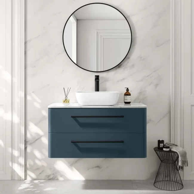 Omaha Navy Blue Wall Hung Drawer Vanity with Marble Top & Curved Counter Top Basin 1000mm - Black Accents
