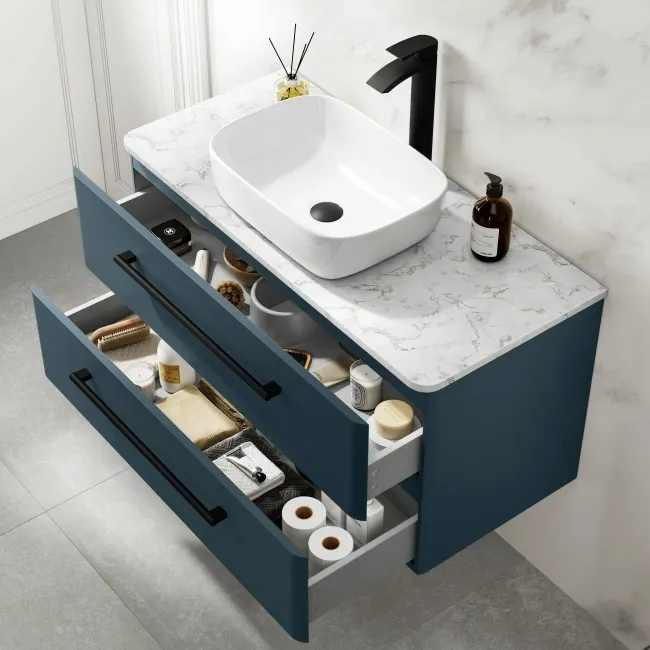 Omaha Navy Blue Wall Hung Drawer Vanity with Marble Top & Curved Counter Top Basin 1000mm - Black Accents