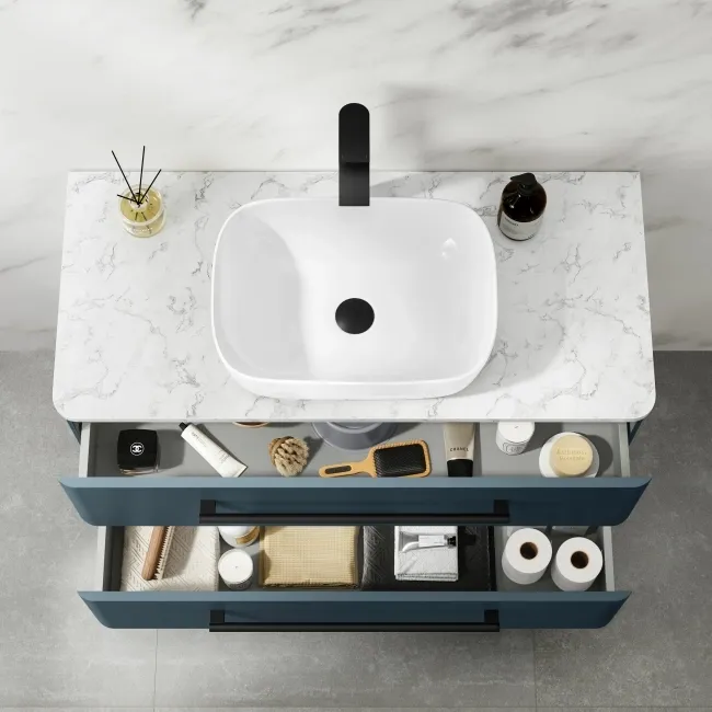 Omaha Navy Blue Wall Hung Drawer Vanity with Marble Top & Curved Counter Top Basin 1000mm - Black Accents
