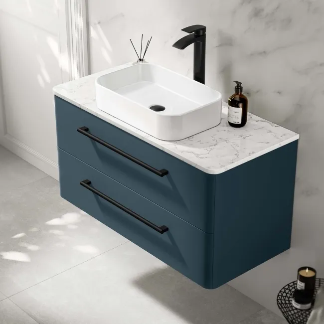 Omaha Navy Blue Wall Hung Drawer Vanity with Marble Top & Marin Basin 1000mm - Black Accents