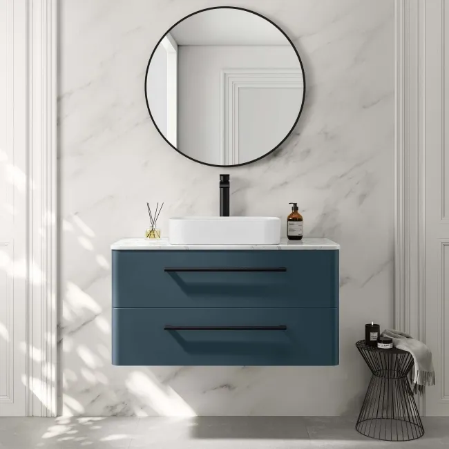 Omaha Navy Blue Wall Hung Drawer Vanity with Marble Top & Marin Basin 1000mm - Black Accents
