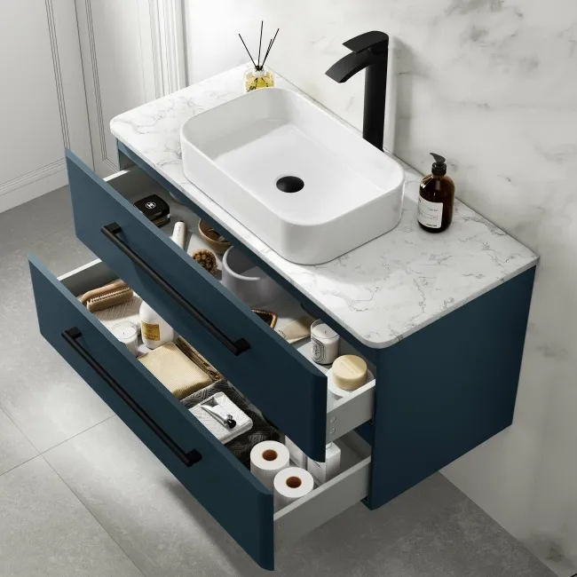 Omaha Navy Blue Wall Hung Drawer Vanity with Marble Top & Marin Basin 1000mm - Black Accents
