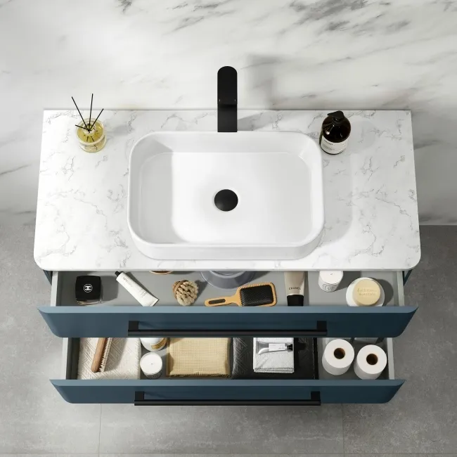 Omaha Navy Blue Wall Hung Drawer Vanity with Marble Top & Marin Basin 1000mm - Black Accents