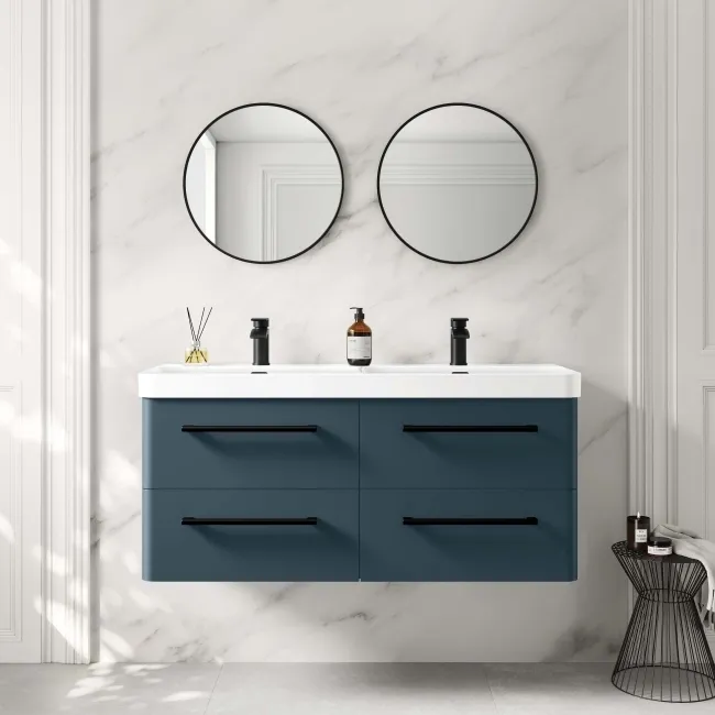 Omaha Navy Blue Wall Hung Double Basin Drawer Vanity 1200mm - Black Accents