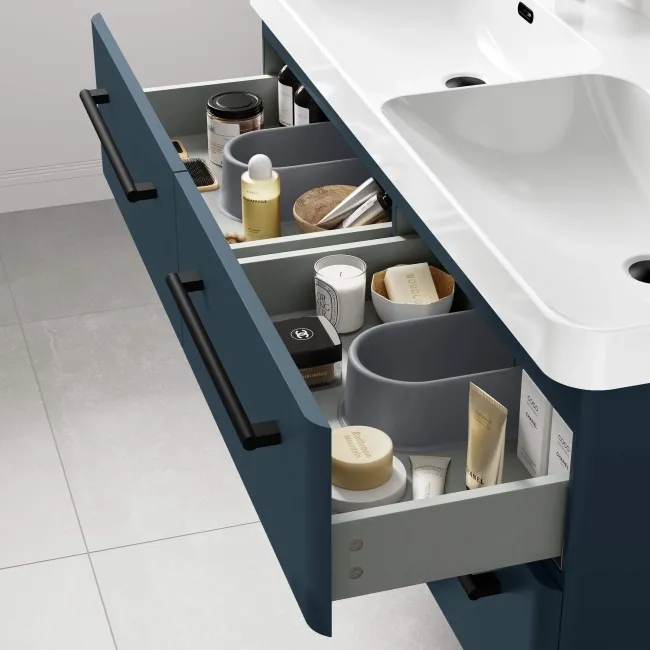 Omaha Navy Blue Wall Hung Double Basin Drawer Vanity 1200mm - Black Accents