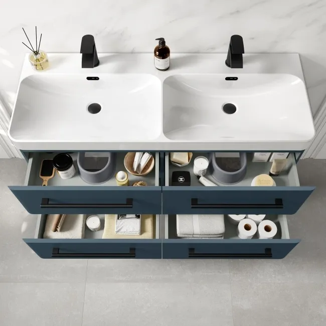 Omaha Navy Blue Wall Hung Double Basin Drawer Vanity 1200mm - Black Accents