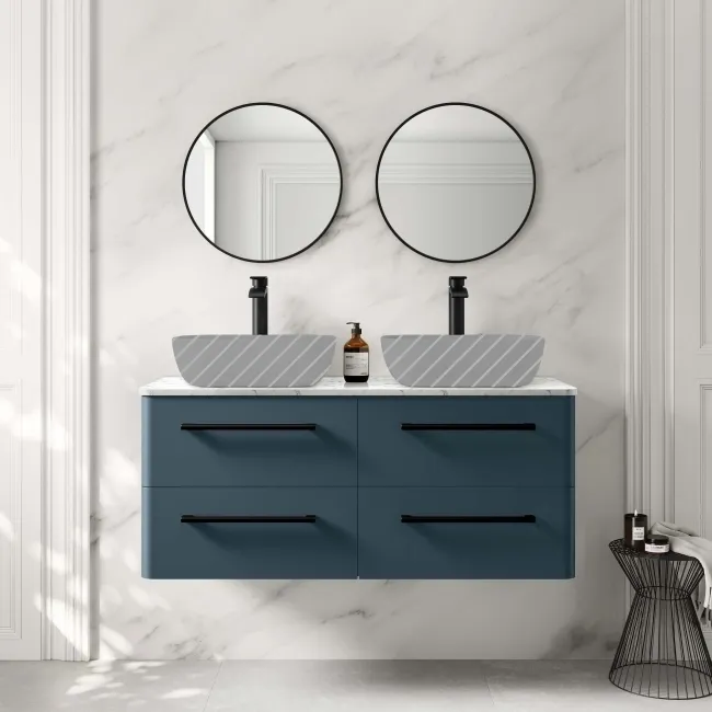 Omaha Navy Blue Wall Hung Drawer Vanity with Marble Top 1200mm (Excludes Counter Top Basin) - Black Accents