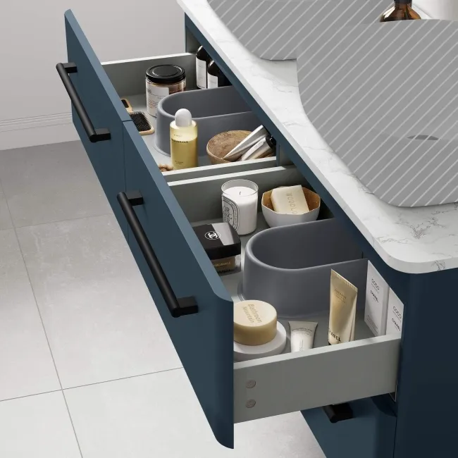 Omaha Navy Blue Wall Hung Drawer Vanity with Marble Top 1200mm (Excludes Counter Top Basin) - Black Accents