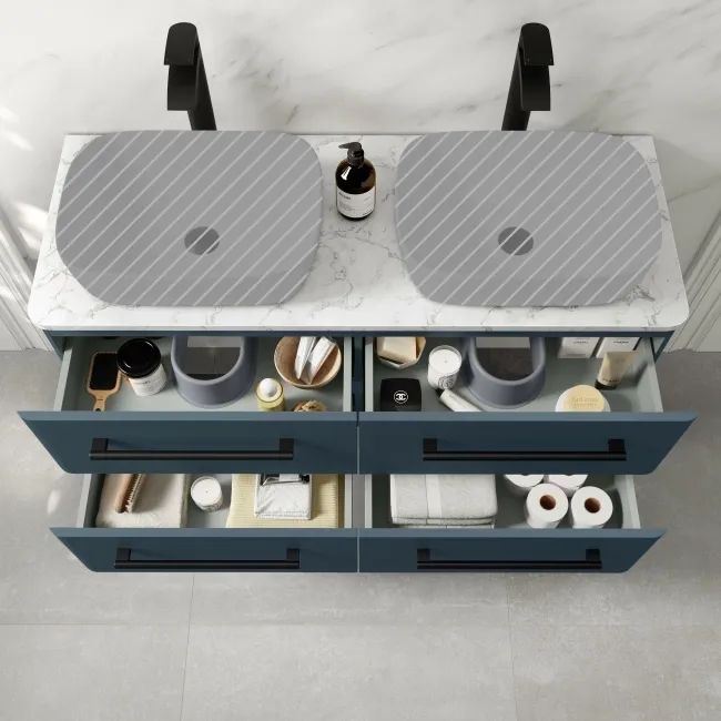 Omaha Navy Blue Wall Hung Drawer Vanity with Marble Top 1200mm (Excludes Counter Top Basin) - Black Accents