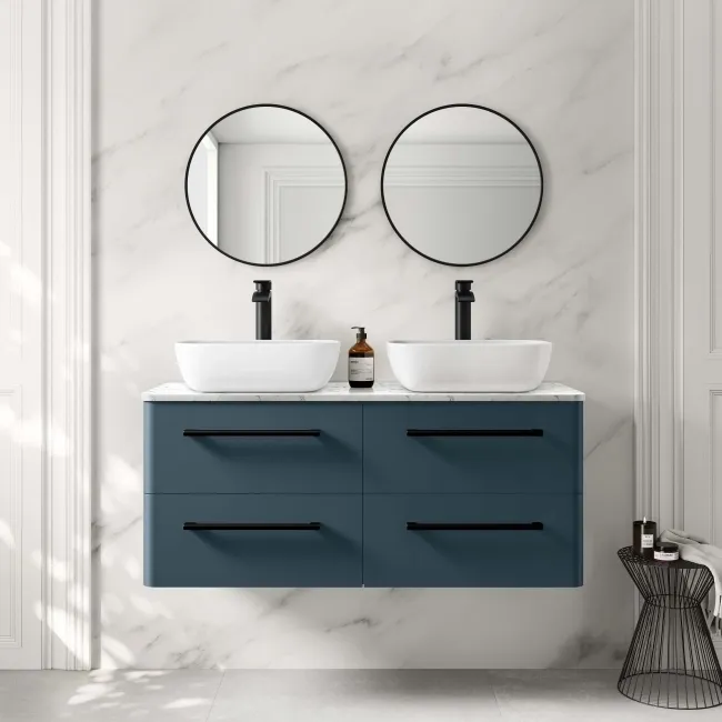 Omaha Navy Blue Wall Hung Drawer Vanity with Marble Top & Curved Counter Top Basin 1200mm - Black Accents