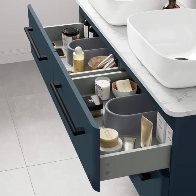 Omaha Navy Blue Wall Hung Drawer Vanity with Marble Top & Curved Counter Top Basin 1200mm - Black Accents