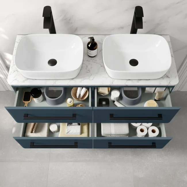 Omaha Navy Blue Wall Hung Drawer Vanity with Marble Top & Curved Counter Top Basin 1200mm - Black Accents