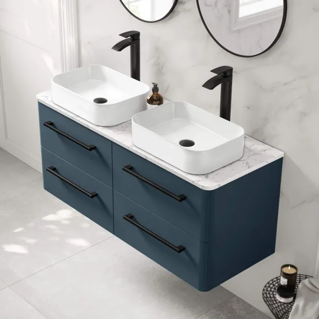 Omaha Navy Blue Wall Hung Drawer Vanity with Marble Top & Marin Basin 1200mm - Black Accents
