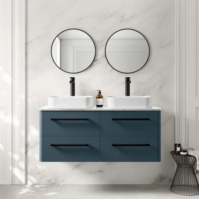 Omaha Navy Blue Wall Hung Drawer Vanity with Marble Top & Marin Basin 1200mm - Black Accents