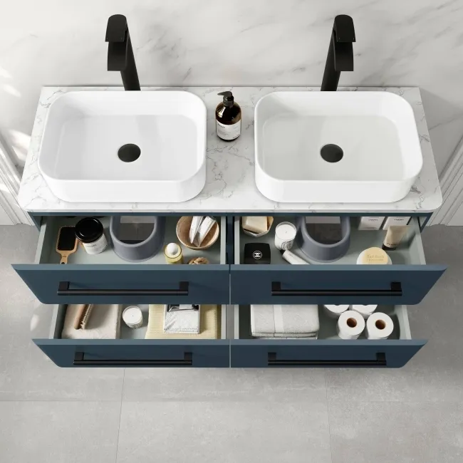 Omaha Navy Blue Wall Hung Drawer Vanity with Marble Top & Marin Basin 1200mm - Black Accents