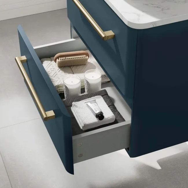 Omaha Navy Blue Wall Hung Drawer Vanity with Marble Top & Marin Basin 600mm - Brushed Brass Accents