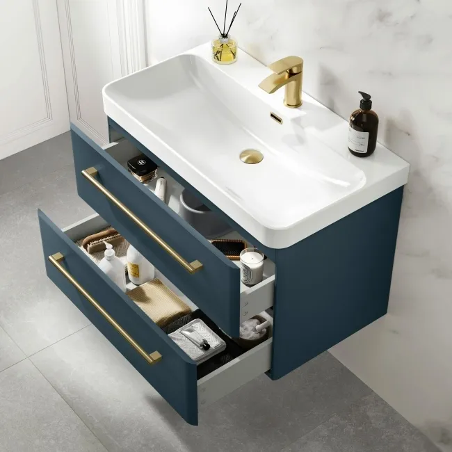 Omaha Navy Blue Wall Hung Basin Drawer Vanity 800mm - Brushed Brass Accents
