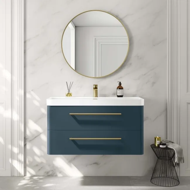 Omaha Navy Blue Wall Hung Basin Drawer Vanity 1000mm - Brushed Brass Accents
