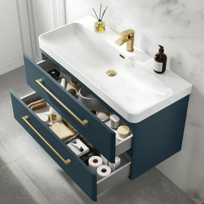 Omaha Navy Blue Wall Hung Basin Drawer Vanity 1000mm - Brushed Brass Accents