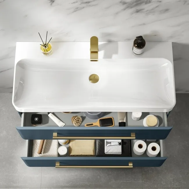 Omaha Navy Blue Wall Hung Basin Drawer Vanity 1000mm - Brushed Brass Accents