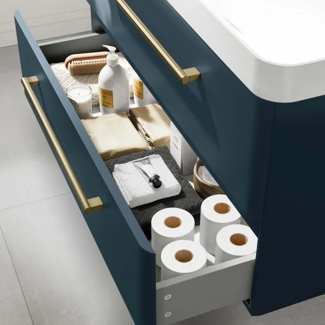 Omaha Navy Blue Wall Hung Basin Drawer Vanity 1000mm - Brushed Brass Accents