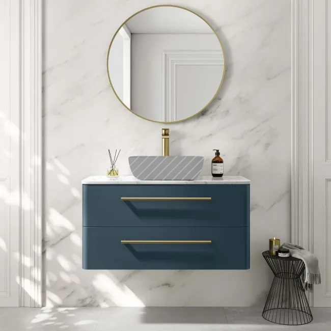 Omaha Navy Blue Wall Hung Drawer Vanity with Marble Top 1000mm (Excludes Counter Top Basin) - Brushed Brass Accents