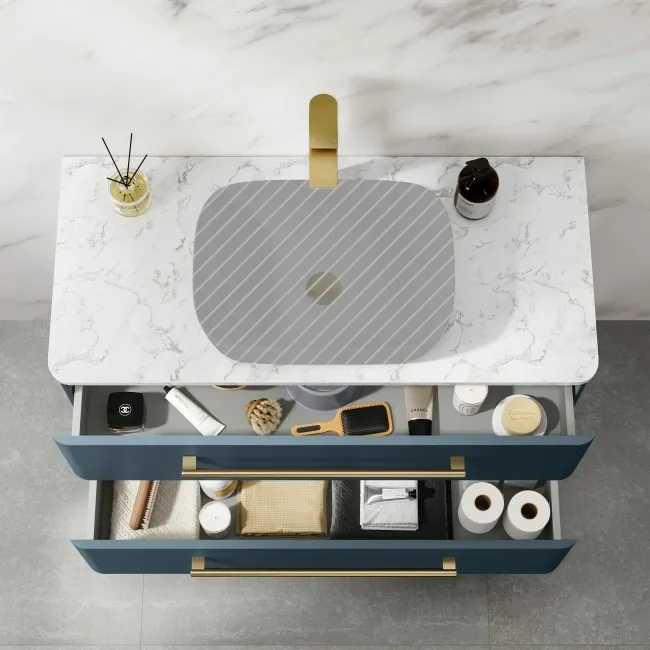 Omaha Navy Blue Wall Hung Drawer Vanity with Marble Top 1000mm (Excludes Counter Top Basin) - Brushed Brass Accents