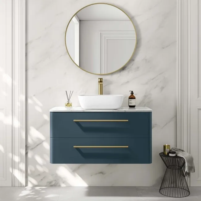 Omaha Navy Blue Wall Hung Drawer Vanity with Marble Top & Curved Counter Top Basin 1000mm - Brushed Brass Accents