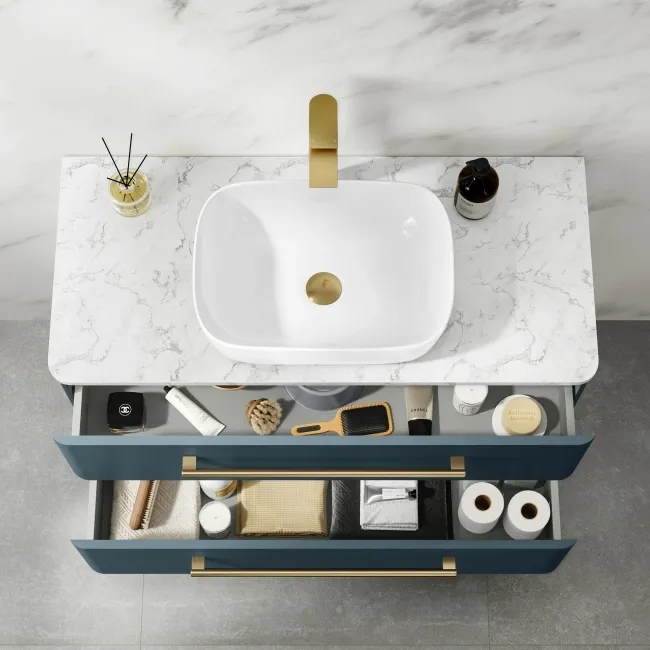 Omaha Navy Blue Wall Hung Drawer Vanity with Marble Top & Curved Counter Top Basin 1000mm - Brushed Brass Accents