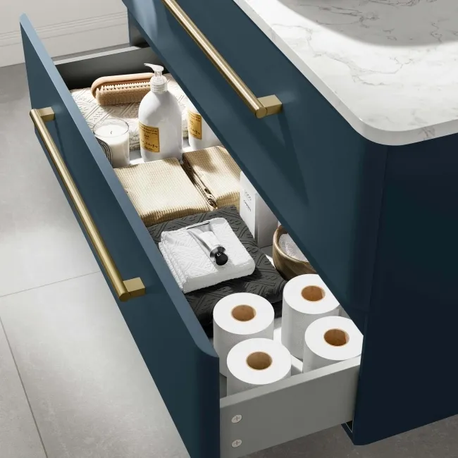 Omaha Navy Blue Wall Hung Drawer Vanity with Marble Top & Curved Counter Top Basin 1000mm - Brushed Brass Accents