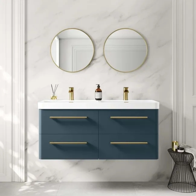 Omaha Navy Blue Wall Hung Double Basin Drawer Vanity 1200mm - Brushed Brass Accents