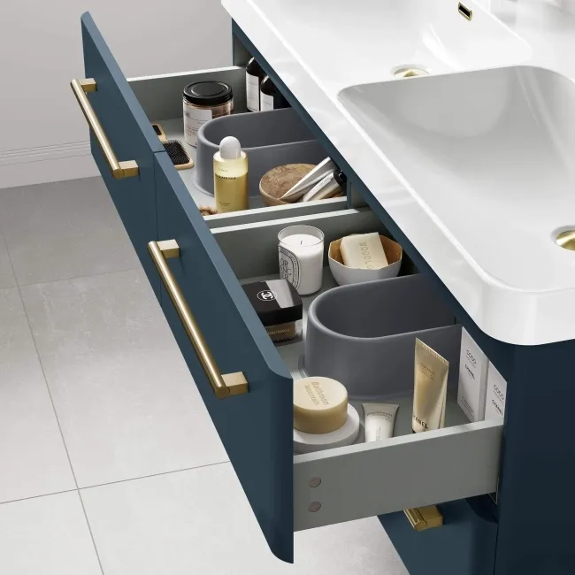 Omaha Navy Blue Wall Hung Double Basin Drawer Vanity 1200mm - Brushed Brass Accents
