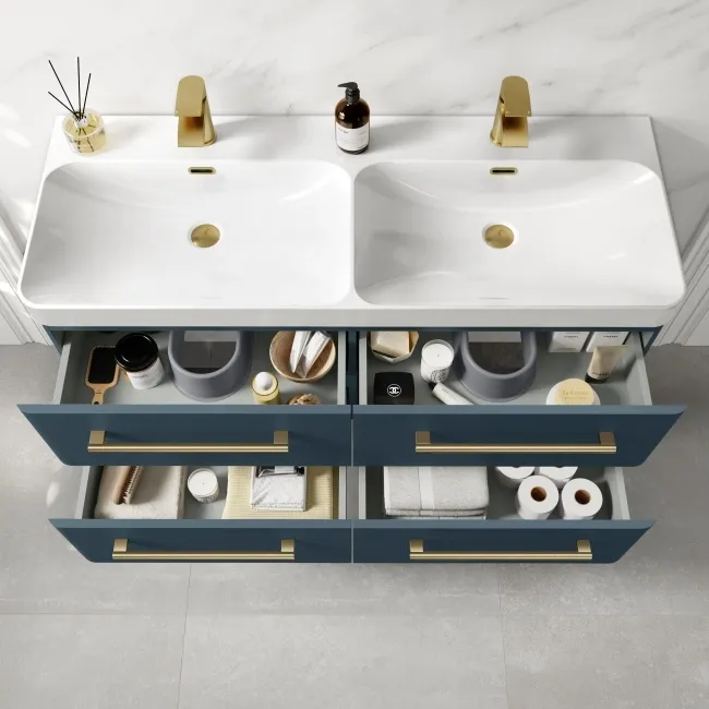 Omaha Navy Blue Wall Hung Double Basin Drawer Vanity 1200mm - Brushed Brass Accents