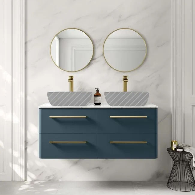 Omaha Navy Blue Wall Hung Drawer Vanity with Marble Top 1200mm (Excludes Counter Top Basin) - Brushed Brass Accents