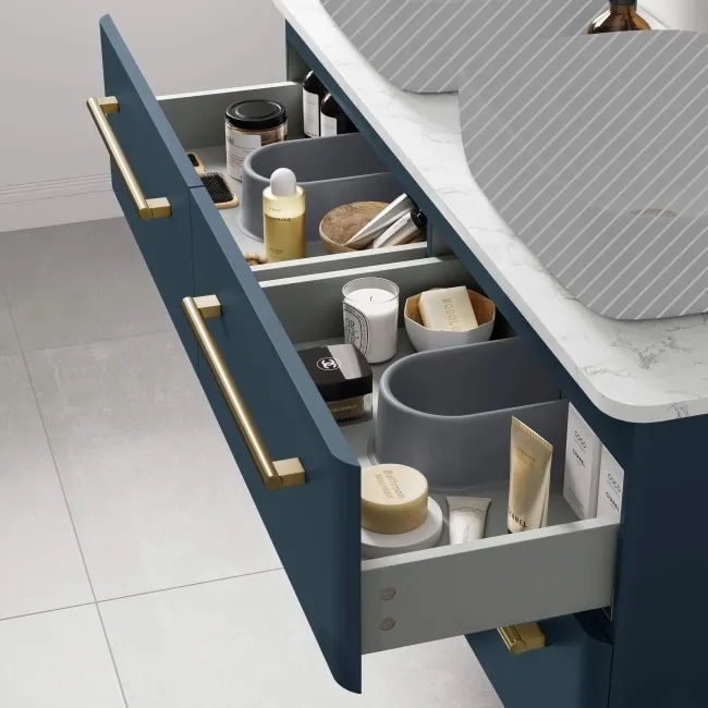 Omaha Navy Blue Wall Hung Drawer Vanity with Marble Top 1200mm (Excludes Counter Top Basin) - Brushed Brass Accents
